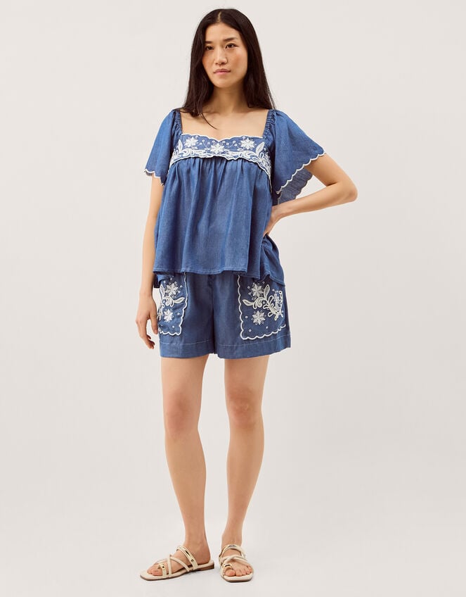 Isla Short Sleeve Embroidered Denim Top, Blue (DENIM BLUE), large