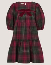 Velvet Bow Tartan Dress, Red (RED), large