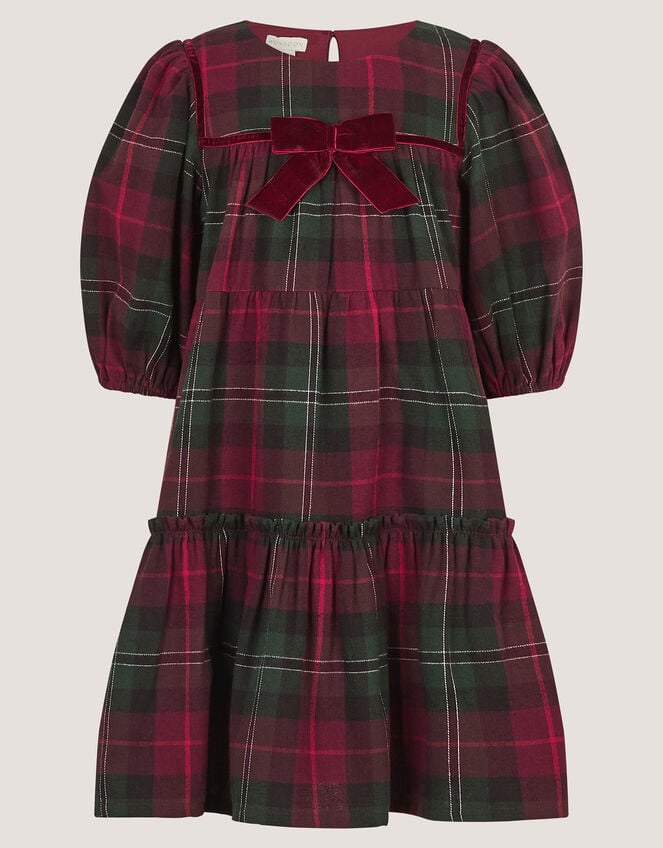 Velvet Bow Tartan Dress, Red (RED), large