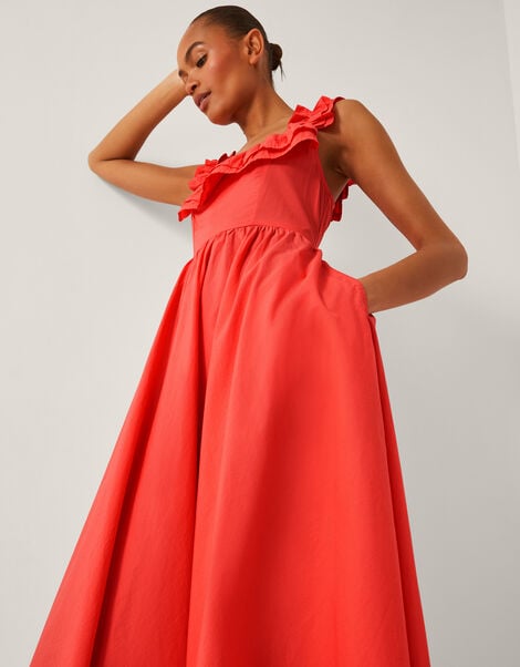 Maria Sleeveless Ruffle Midi Dress, Orange (CORAL), large