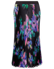 Blur Print Pleated Satin Midi Skirt, Black (BLACK), large