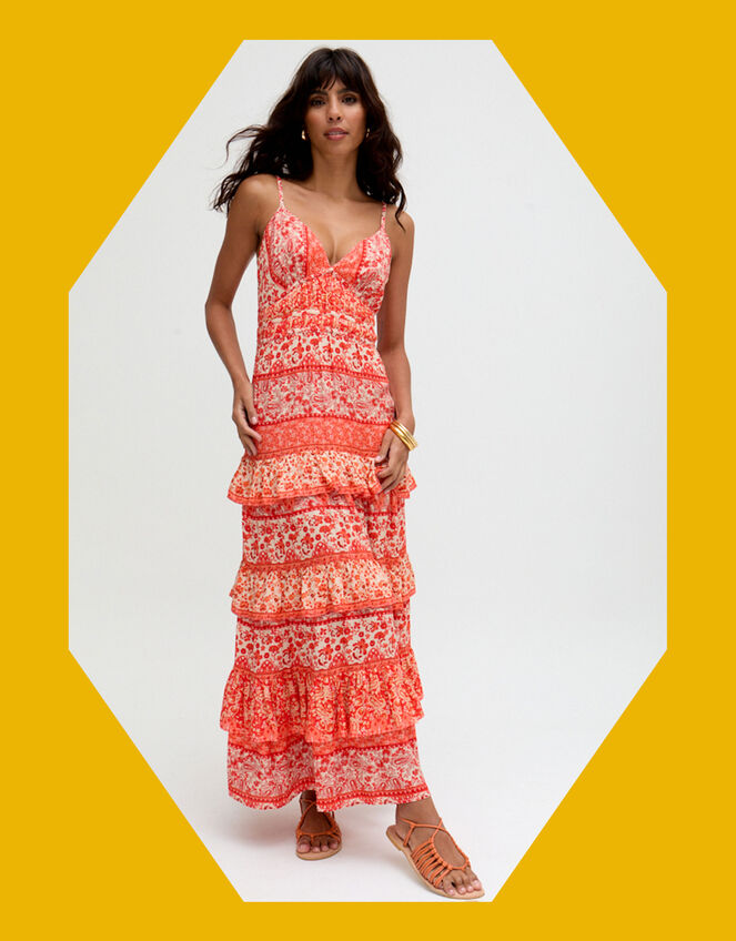Raffya Feifei Floral Ruffle Maxi Dress, Red (RED), large