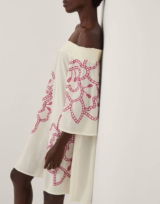 Julie Embroidered Bardot Mini Dress, White (WHITE), large
