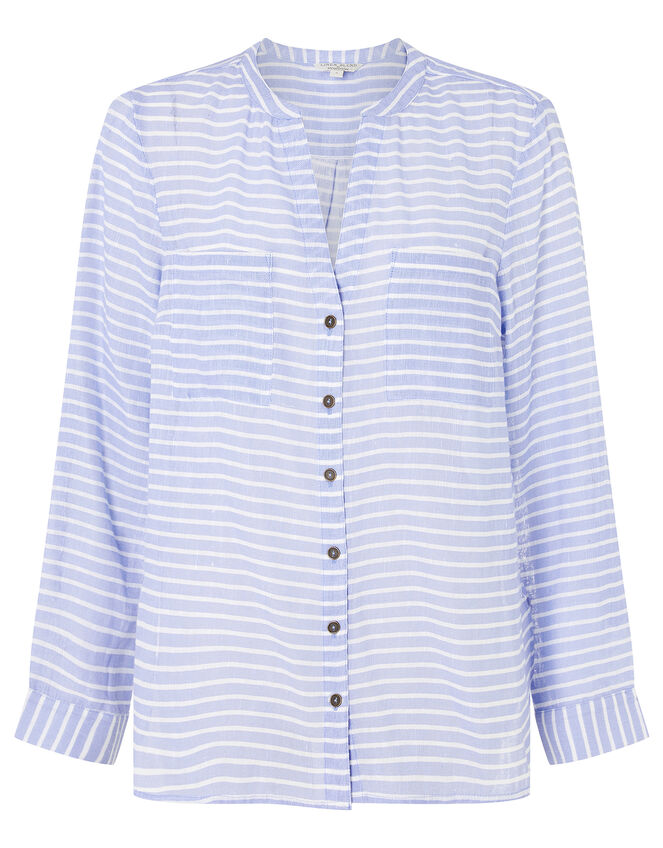 Stacy Stripe Shirt in Linen Blend, Blue (BLUE), large