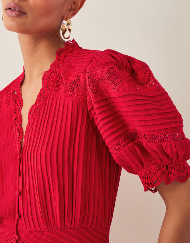 Kiana Pintuck Puff-Sleeve Midi Dress, Red (RED), large