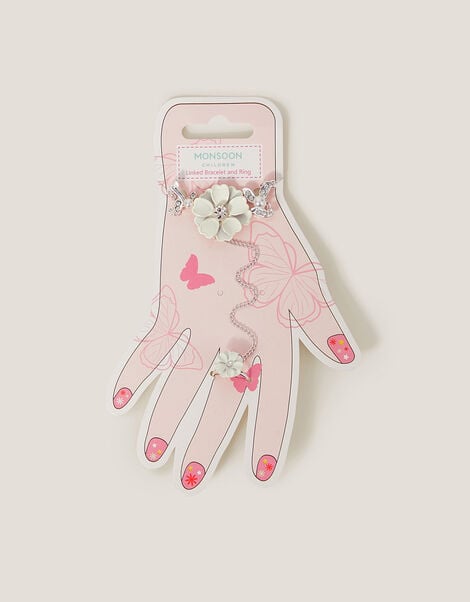 Diamante Flower Ring & Hand Chain, White (WHITE), large