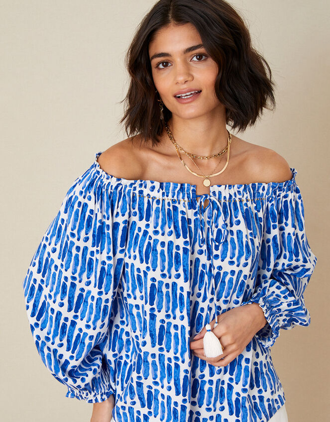 Benita Printed Off-Shoulder Top, Blue (BLUE), large