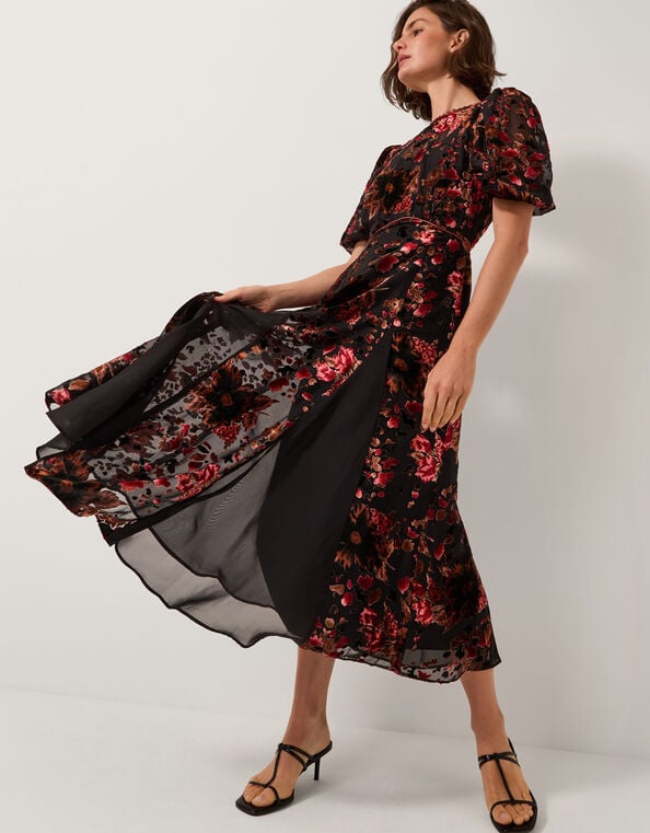 Carolyn Floral Devoré Midi Dress, Black (BLACK), large