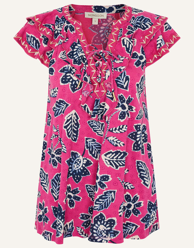 Rosanna Printed Ruffle Jersey Top, Pink (PINK), large