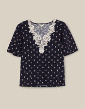 Janey Printed Jersey Top, Blue (NAVY), large