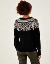 Frill Neck Fair Isle Cardigan with Sustainable Cotton, Black (BLACK), large