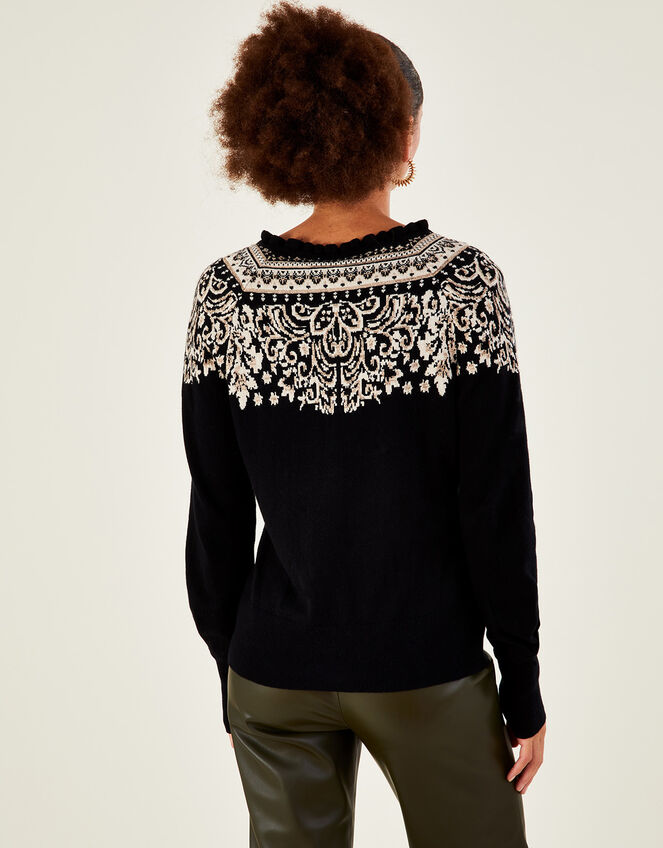 Frill Neck Fair Isle Cardigan with Sustainable Cotton, Black (BLACK), large