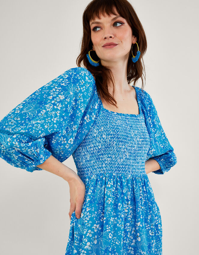 Gabby Shirred Dress in Sustainable Viscose, Blue (BLUE), large