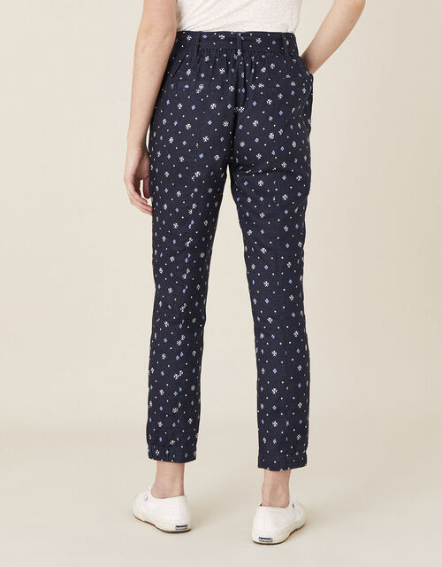 Dolly Printed Trousers in Pure Linen, Blue (NAVY), large