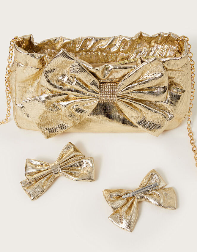 Metallic Bow Bag and Hair Clip Set, , large
