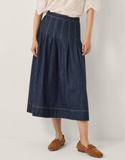 Darcie Pleated Denim Midi Skirt, Blue (INDIGO), large