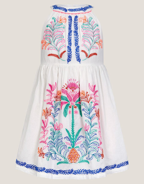 Palm Tree Embroidered Sleeveless Dress, White (WHITE), large