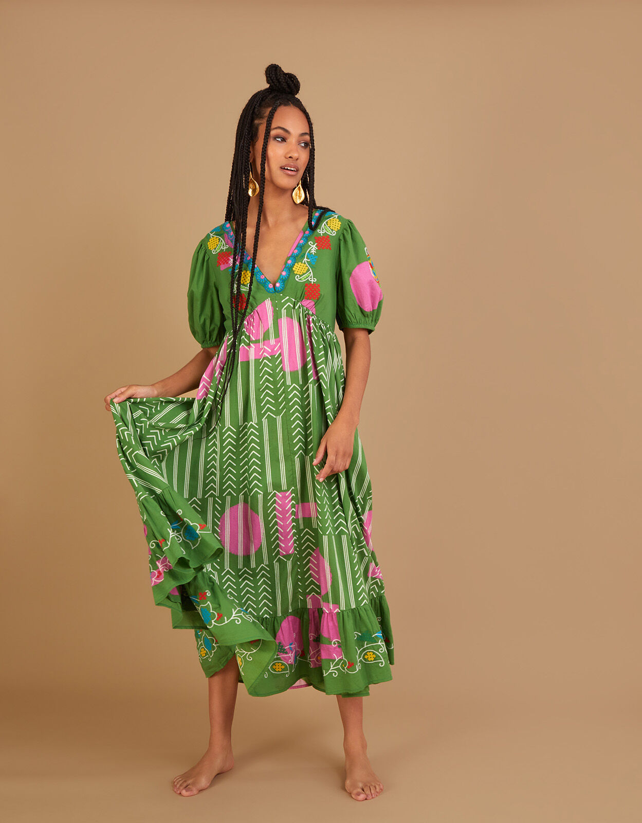 Embroidered Chevron Artisanal Dress Green Day Dresses Monsoon Global