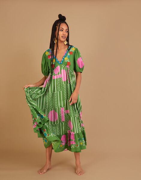 Embroidered Chevron Artisanal Dress, Green (GREEN), large