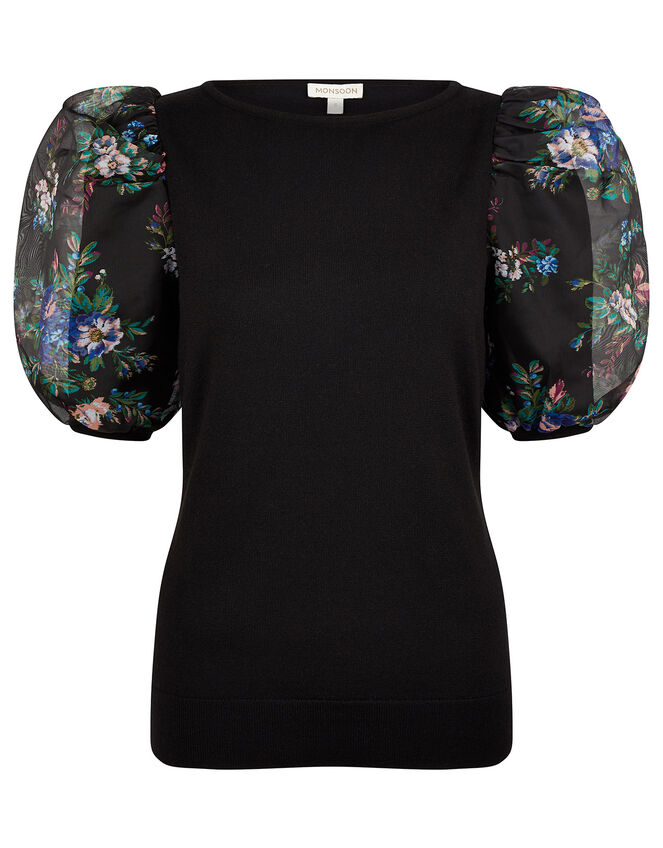 Floral Organza Sleeve Top with Recycled Fabric, Black (BLACK), large