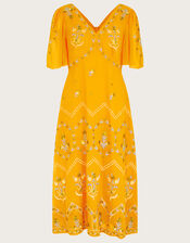 Margo Embroidered Tea Dress in Recycled Polyester, Yellow (YELLOW), large