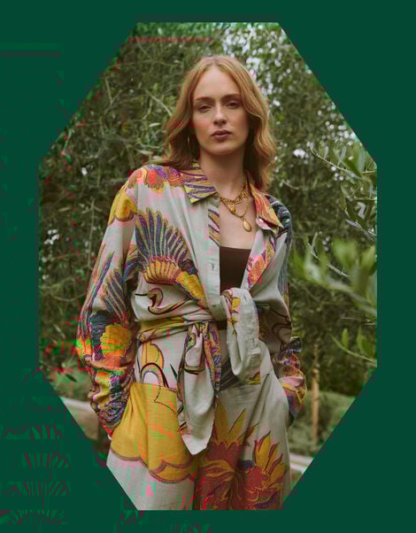 One Hundred Stars Crane Print Kimono Jacket, Natural (STONE), large