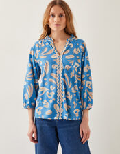 Rosie Abstract Print Jersey Blouse, Blue (BLUE), large