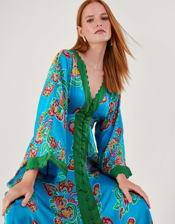 Button Through Print Kaftan Dress, Blue (BLUE), large