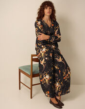 Clemence Seraphine Floral Print Satin Wide Leg Trousers, Black (BLACK), large