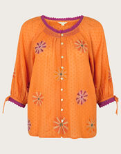 Floral Embroidered Button-Through Top, Orange (ORANGE), large