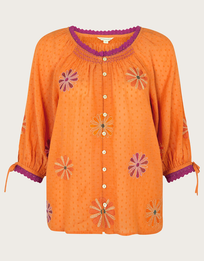 Floral Embroidered Button-Through Top, Orange (ORANGE), large