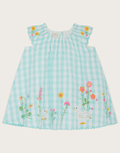 Baby Gingham Floral Embroidered Dress, Blue (BLUE), large