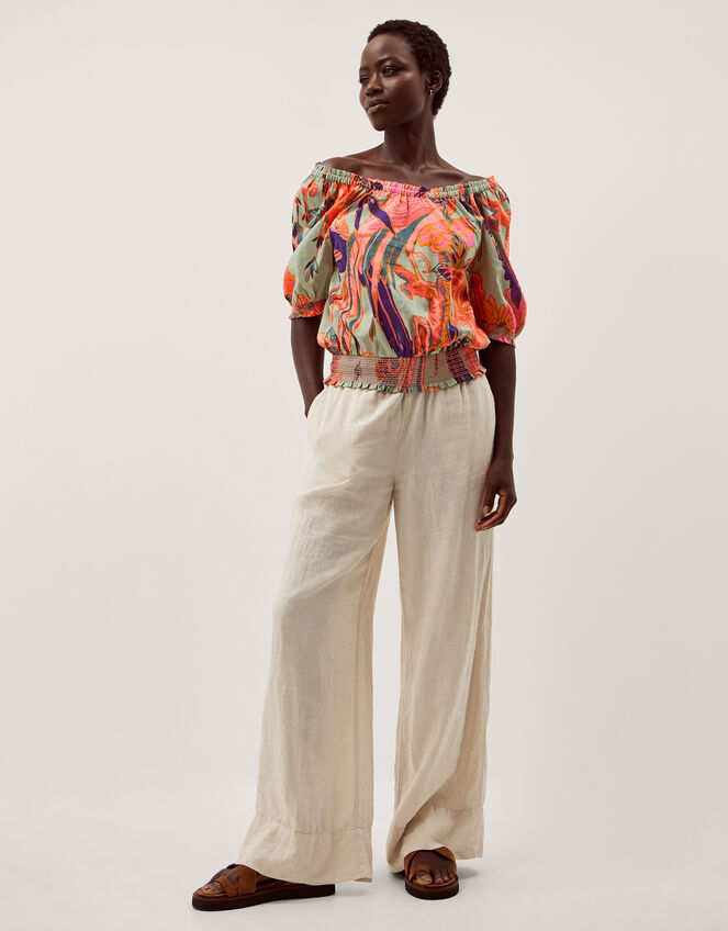 Carmen Bardot Floral Print Top, Green (SAGE), large