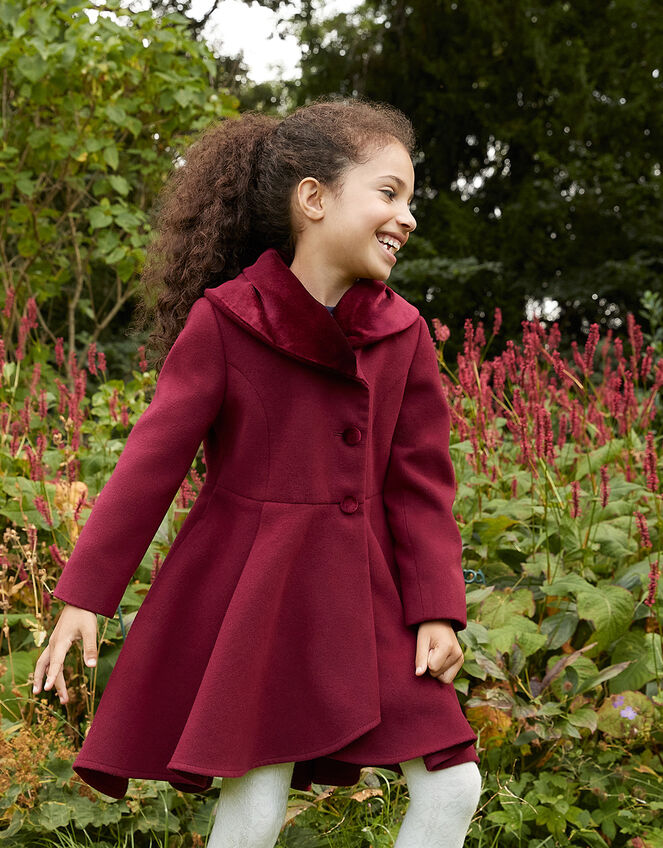 Velvet Shawl Collar Pleated Coat, Red (BURGUNDY), large