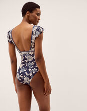 Gloria Plunge Floral Ruffle Swimsuit, Blue (BLUE), large