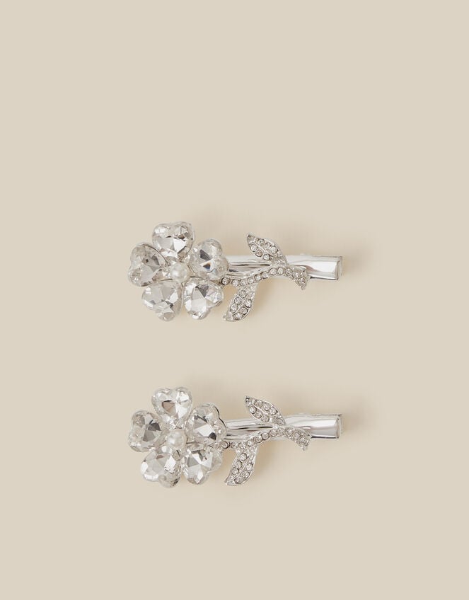 2-Pack Jewel Flower Metal Hair Clips, Silver (SILVER), large