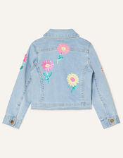 Sequin Flower Denim Jacket, Blue (BLUE), large