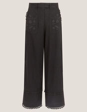 Hayley Embroidered Linen Blend Pants, Black (BLACK), large