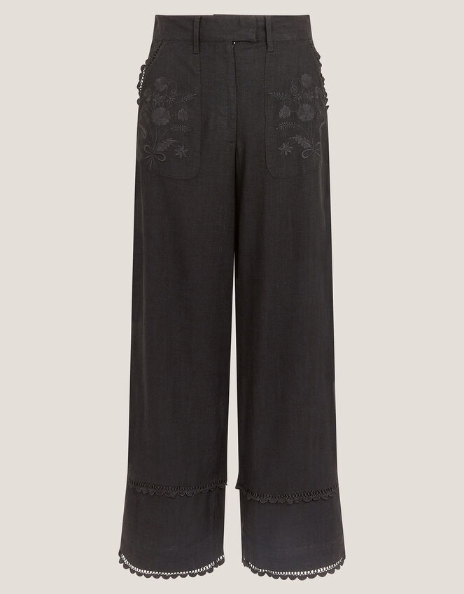 Hayley Embroidered Linen Blend Pants, Black (BLACK), large