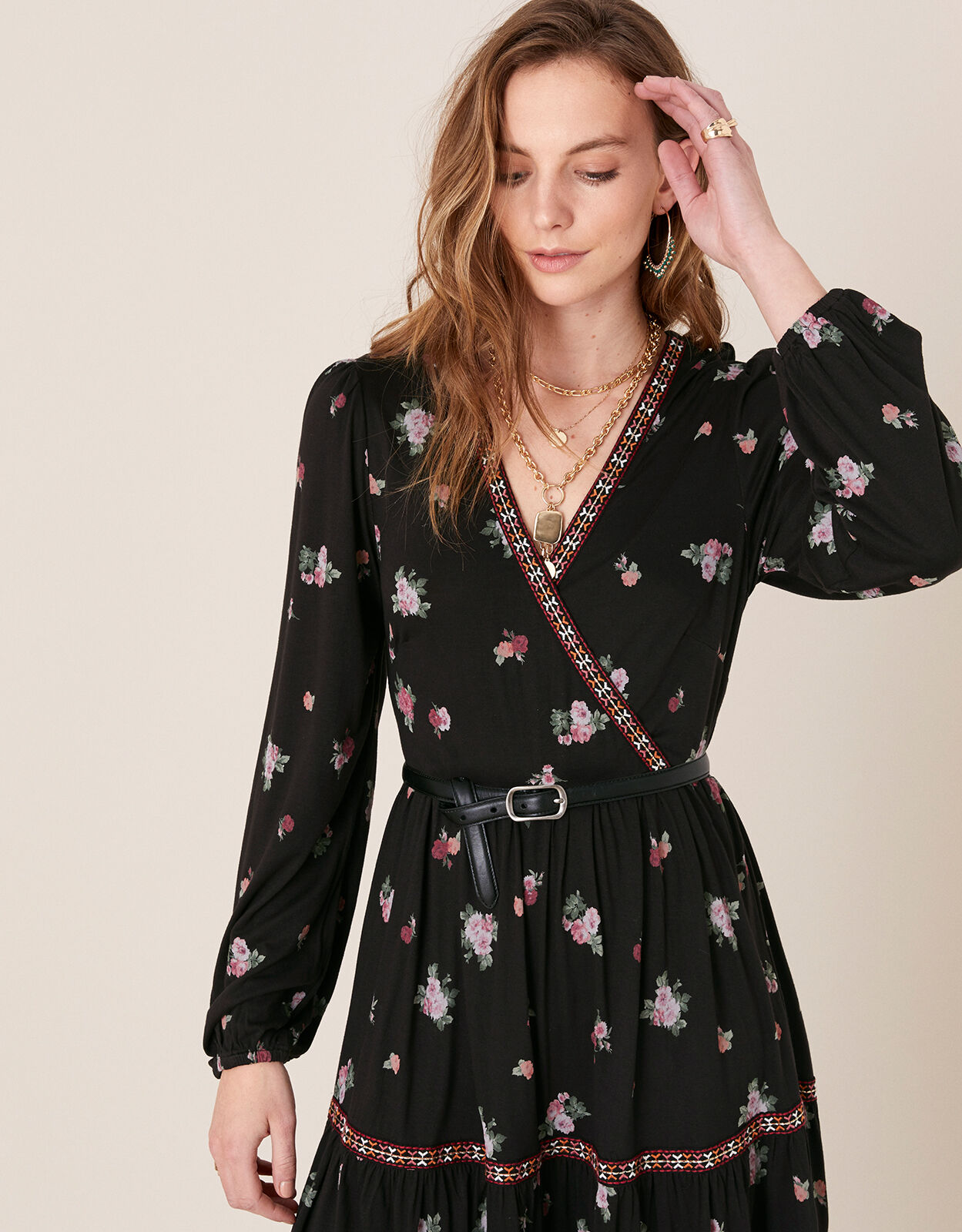 Embroidered Trim Floral Tiered Dress Black