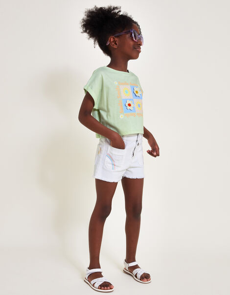 Rainbow Denim Shorts, White (WHITE), large
