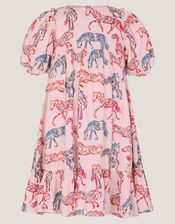 Horse Print Puff Sleeve Dress, Pink (PINK), large