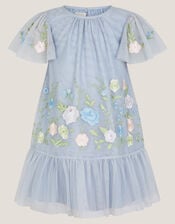 Emilia Embroidered Drop Waist Party Dress, Blue (BLUE), large