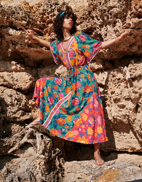 Contrast Floral Print Dress in LENZING™ ECOVERO™, Orange (ORANGE), large