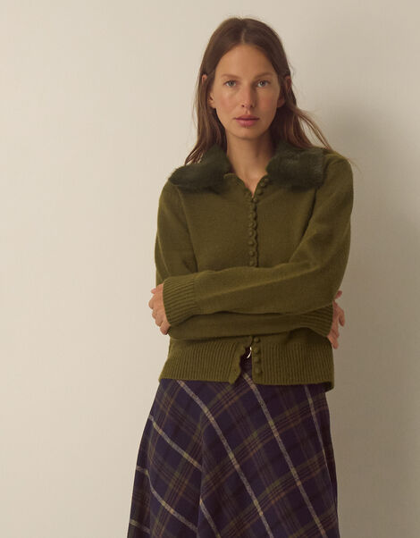 Flo Faux Fur Collar Cardigan, Green (KHAKI), large