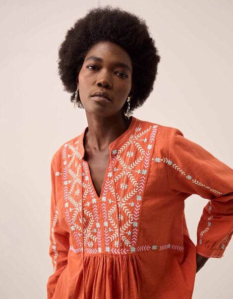 East Enda Embroidered Cotton Blouse, Orange (RUST), large