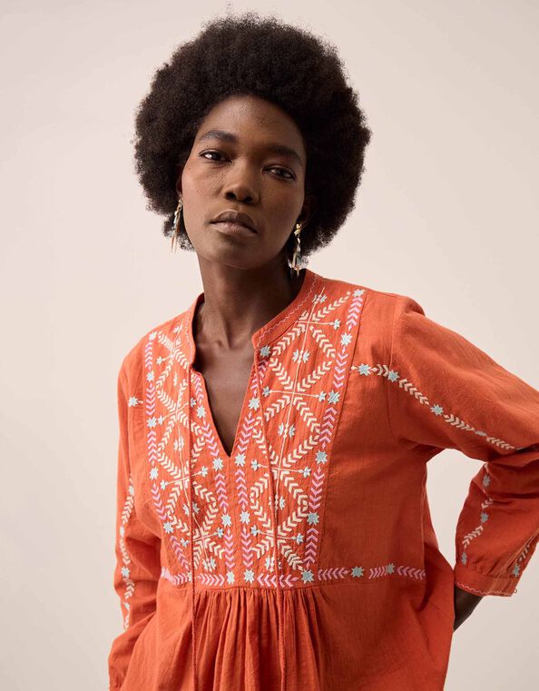 East Enda Embroidered Cotton Blouse, Orange (RUST), large