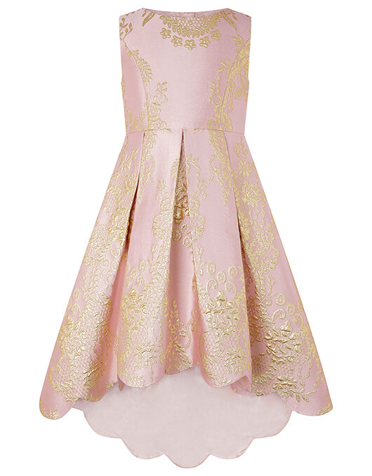 Rebecca Pink And White Jacquard High Low Dress Pink