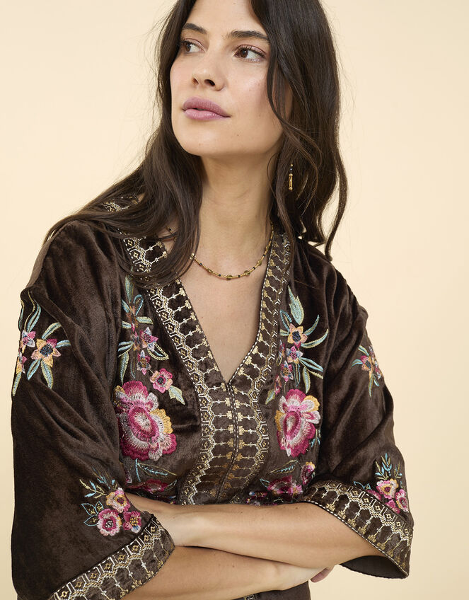 East Kora Embroidered Velvet Top, Brown (BROWN), large