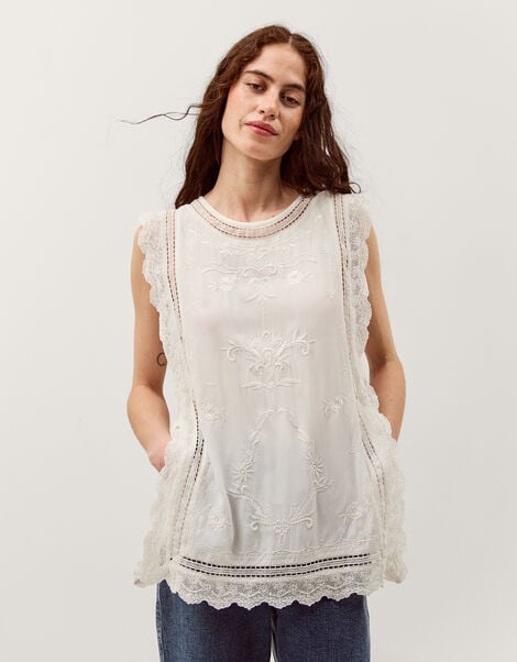Taylor Sleeveless Embroidered Lace Top, White (WHITE), large